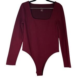 A New Day Burgundy Long Sleeve Ribbed Square Neck Bodysuit Reg Size Medium
